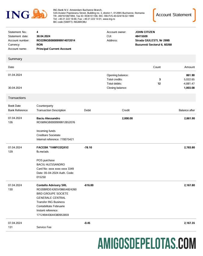 Extrato bancário ING da Romênia, exemplo de 3 páginas